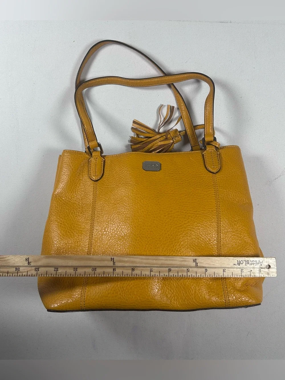Lauren Ralph Lauren Leather Satchel Pebbled Tassel Charm Mustard Yellow Bag